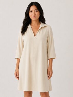 Peter Cohen 100% Silk Cream Neutral Collared V-Neck Dress Sz M